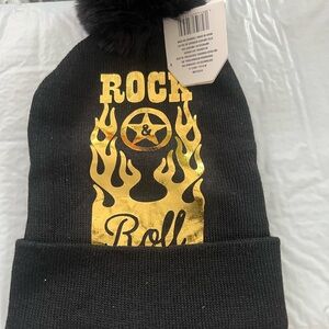 Black Beanie with Gold Rock & Roll Design
